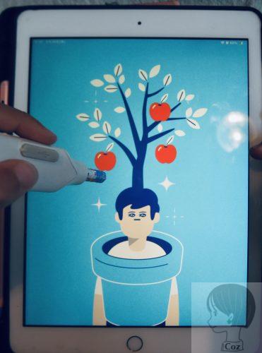 コクヨしゅくだいやる気ペンで、アプリの中の木に水をやって、リンゴがなったところ