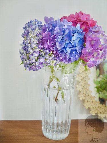 ピンクと青と紫の紫陽花がガラスの花瓶にいけられている