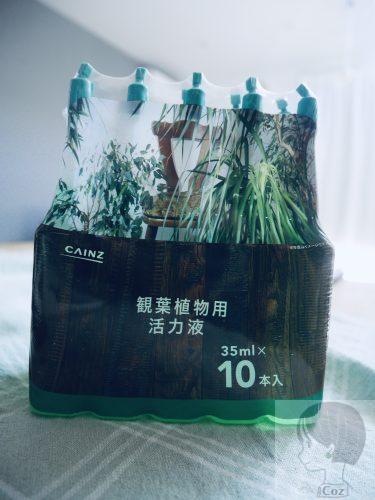 カインズで購入した観葉植物用活力液がテーブルにのっている