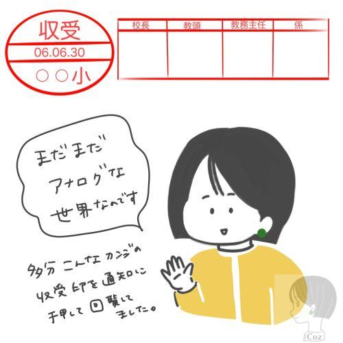 公立小中学校の学校事務、通知文書に受付の収受印を押すイラスト
