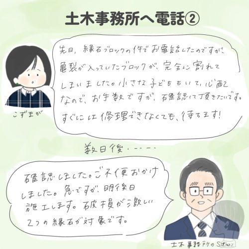 新築の縁石ブロックが破損していたので管轄している市の土木事務所へ電話をした② イラスト