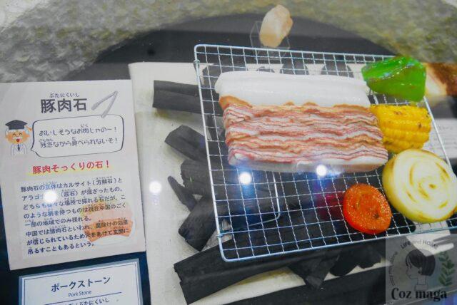 鉱物展示館（本館）の展示ケース内にある豚肉石がピーマンやトウモロコシ玉ねぎ人参と共に網の上で並べられている