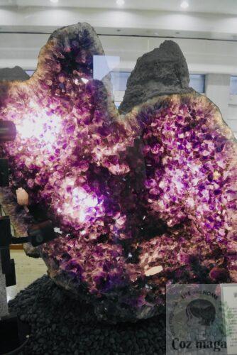 鉱物展示館（本館）の展示ケース内にある巨大なアメジストの岩